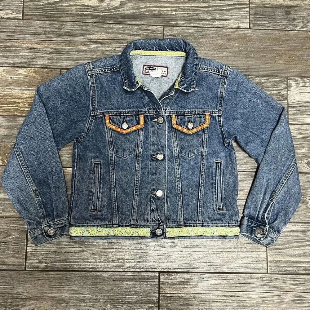 Old Navy Y2K Denim Jean Jacket Girls Size 12 Medium Embroidery Flowers 2000 Vtg